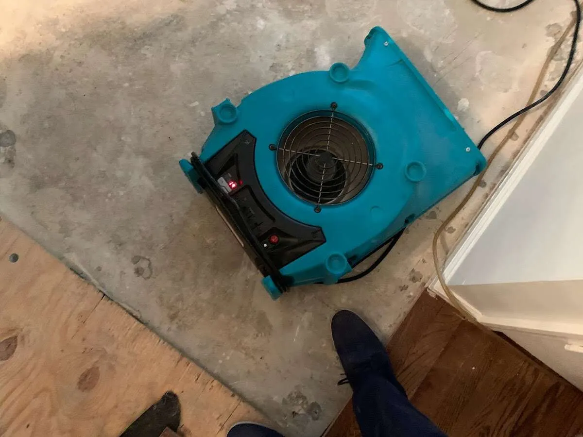 Air mover drying subfloor during Leak Detection & Repair in Spring Grove